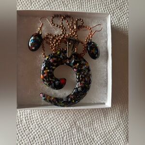 Colorful Swirl Pendant Fused Glass Necklace and Earring Set